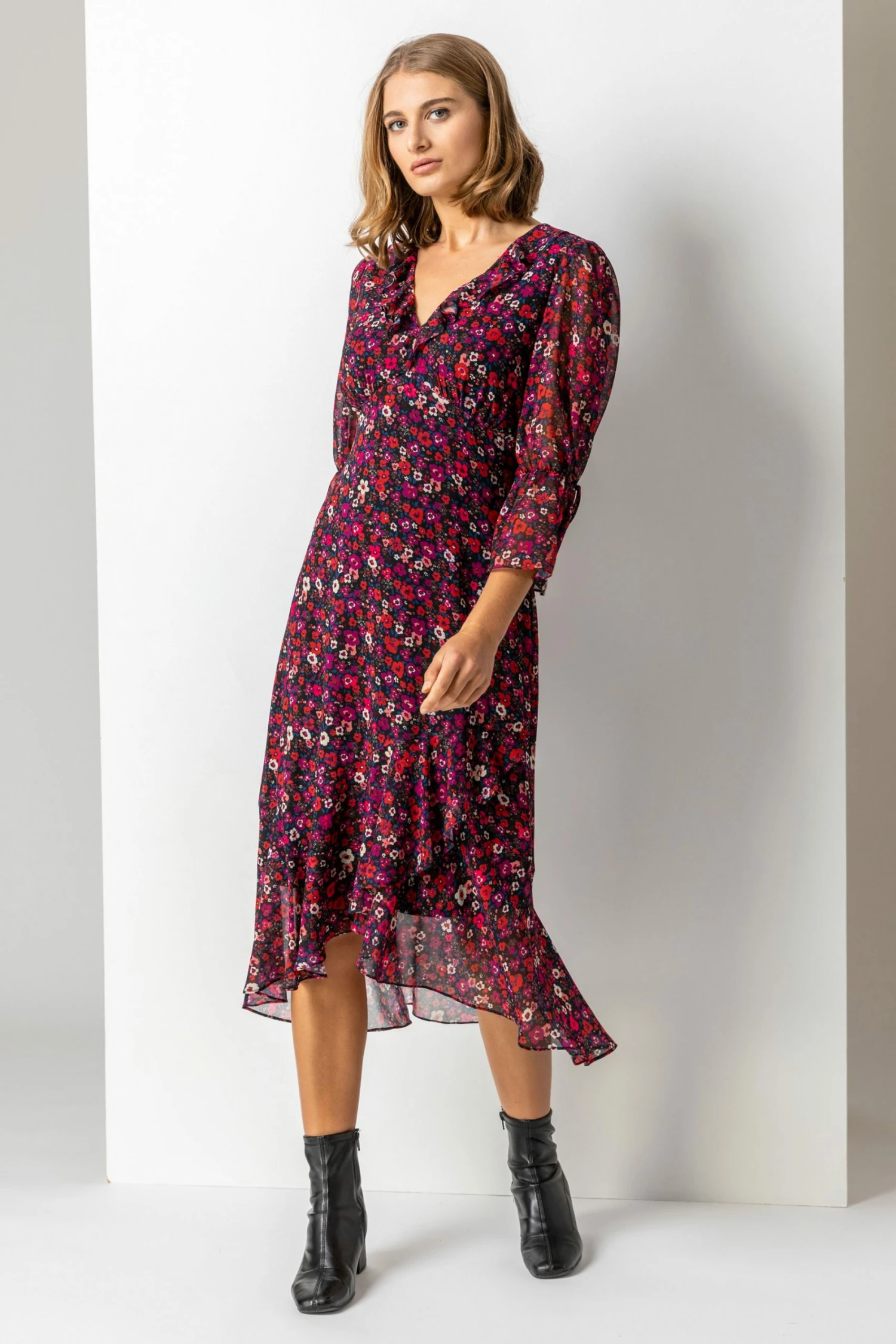 Roman Red Ditsy Floral Chiffon Frill Midi Dress 3 Roman Red Ditsy Floral Chiffon Frill Midi Dress