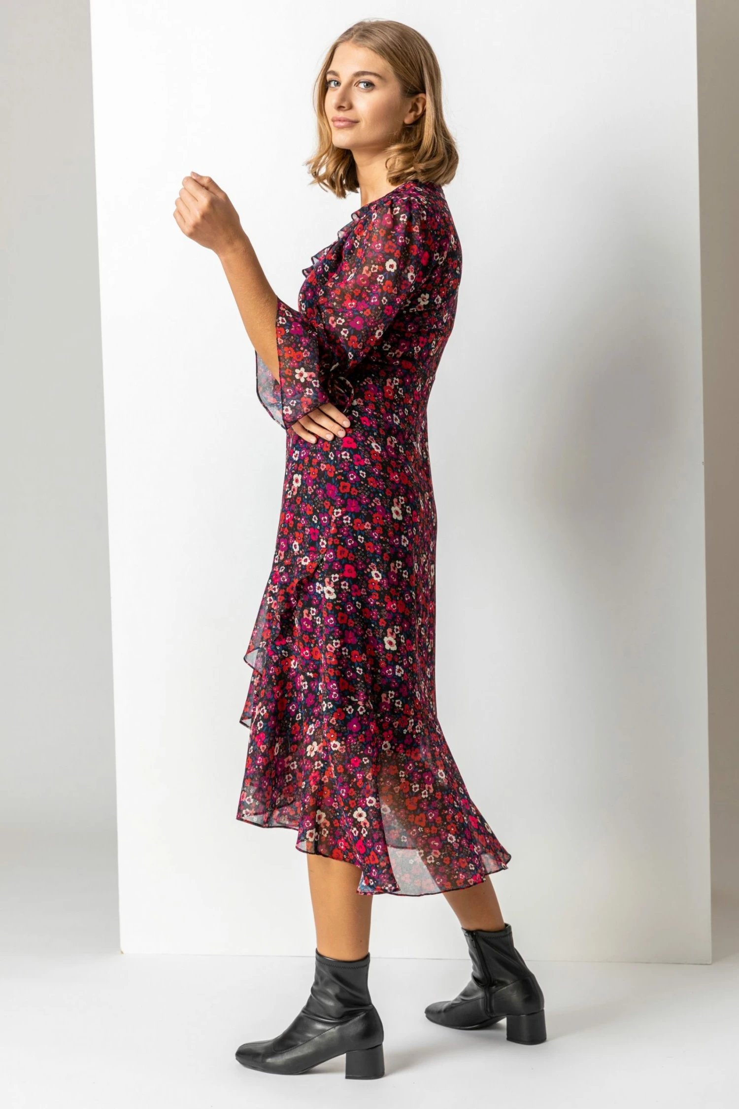 Roman Red Ditsy Floral Chiffon Frill Midi Dress 4 Roman Red Ditsy Floral Chiffon Frill Midi Dress - Image 2