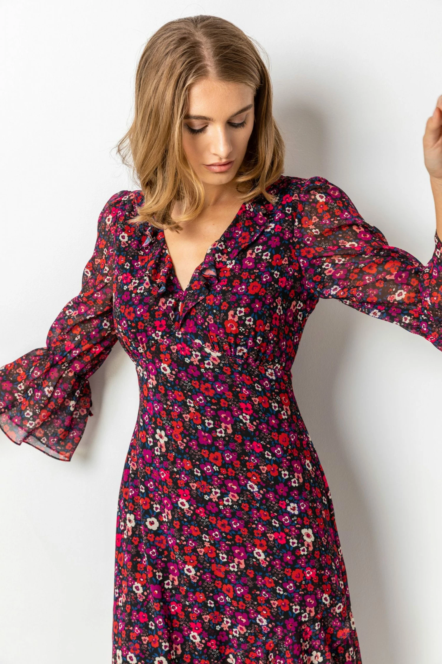 Roman Red Ditsy Floral Chiffon Frill Midi Dress 6 Roman Red Ditsy Floral Chiffon Frill Midi Dress - Image 4