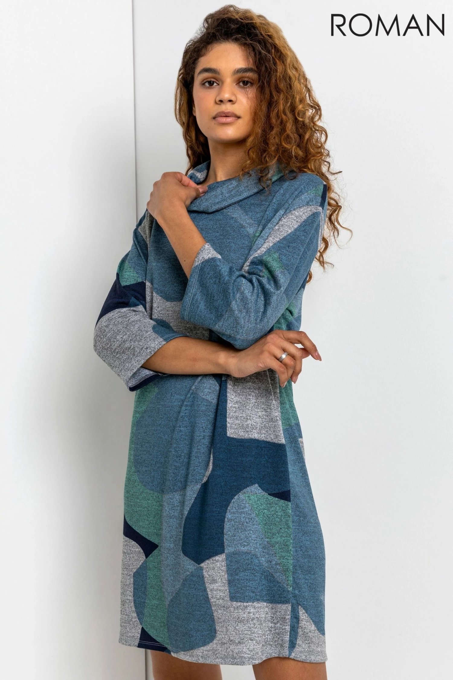 Roman Blue Abstract Print Cowl Neck Dress 3 Roman Blue Abstract Print Cowl Neck Dress