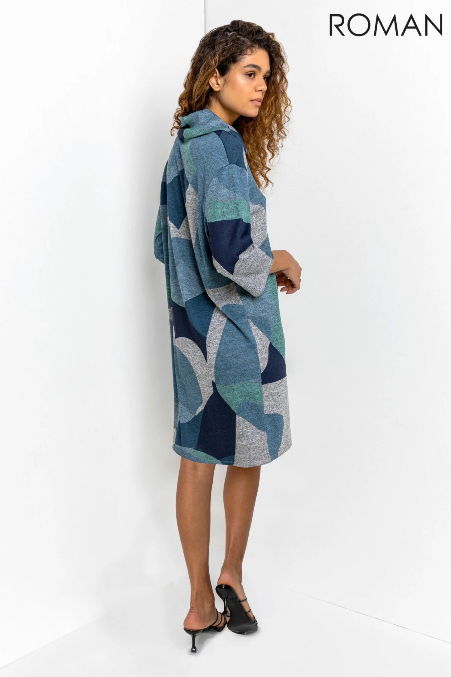 Roman Blue Abstract Print Cowl Neck Dress 4 Roman Blue Abstract Print Cowl Neck Dress - Image 2