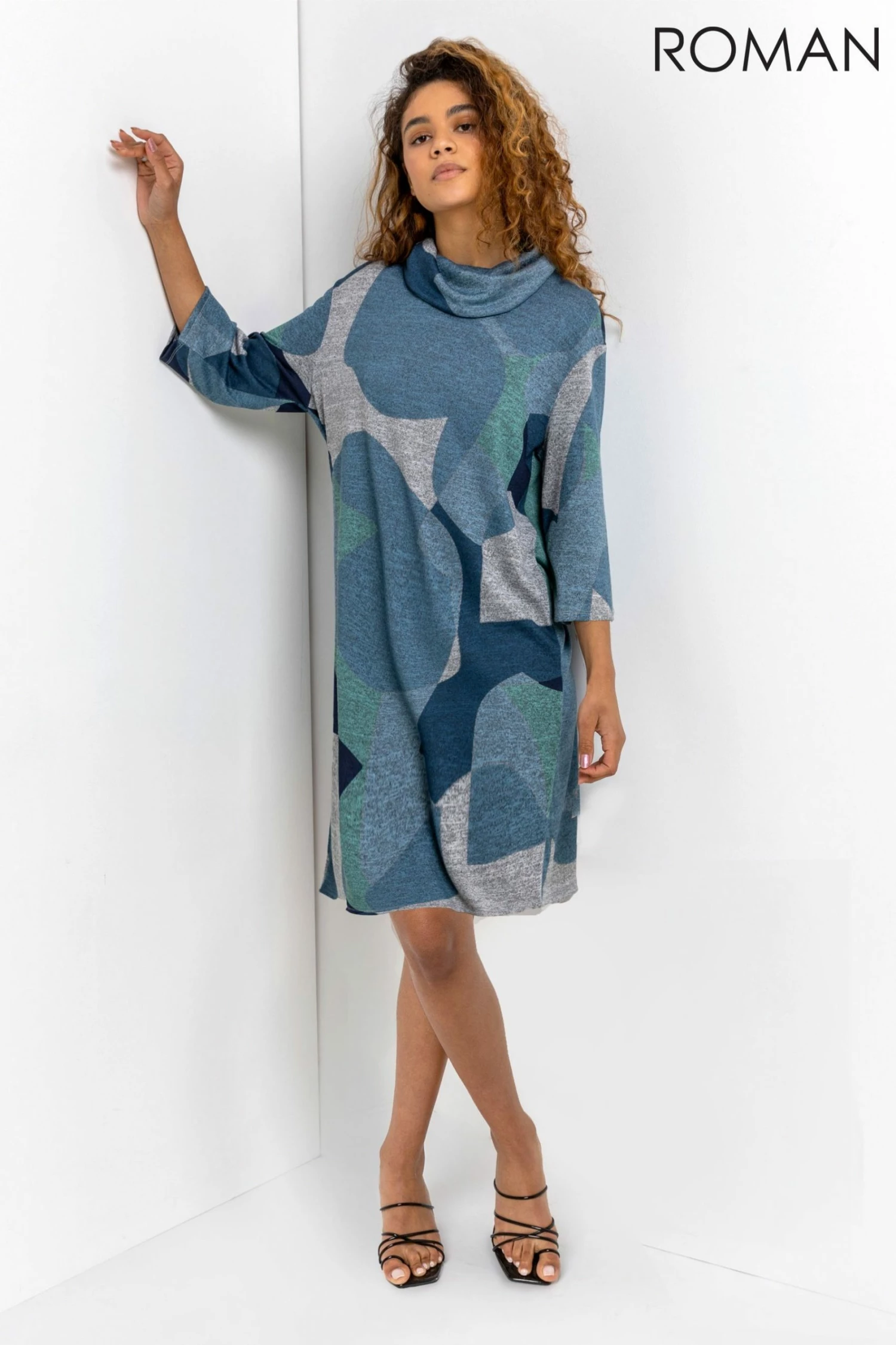 Roman Blue Abstract Print Cowl Neck Dress 6 Roman Blue Abstract Print Cowl Neck Dress - Image 4