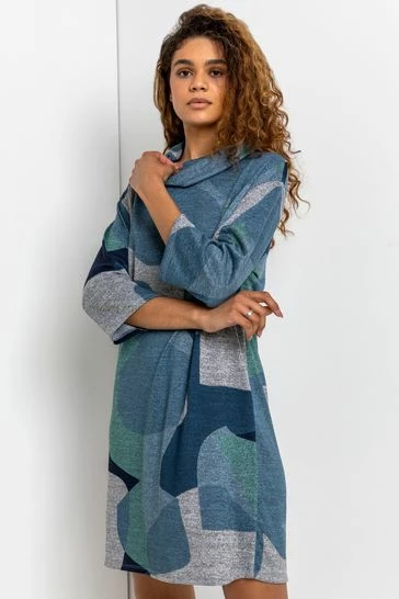 Roman Blue Abstract Print Cowl Neck Dress 7 Roman Blue Abstract Print Cowl Neck Dress - Image 5