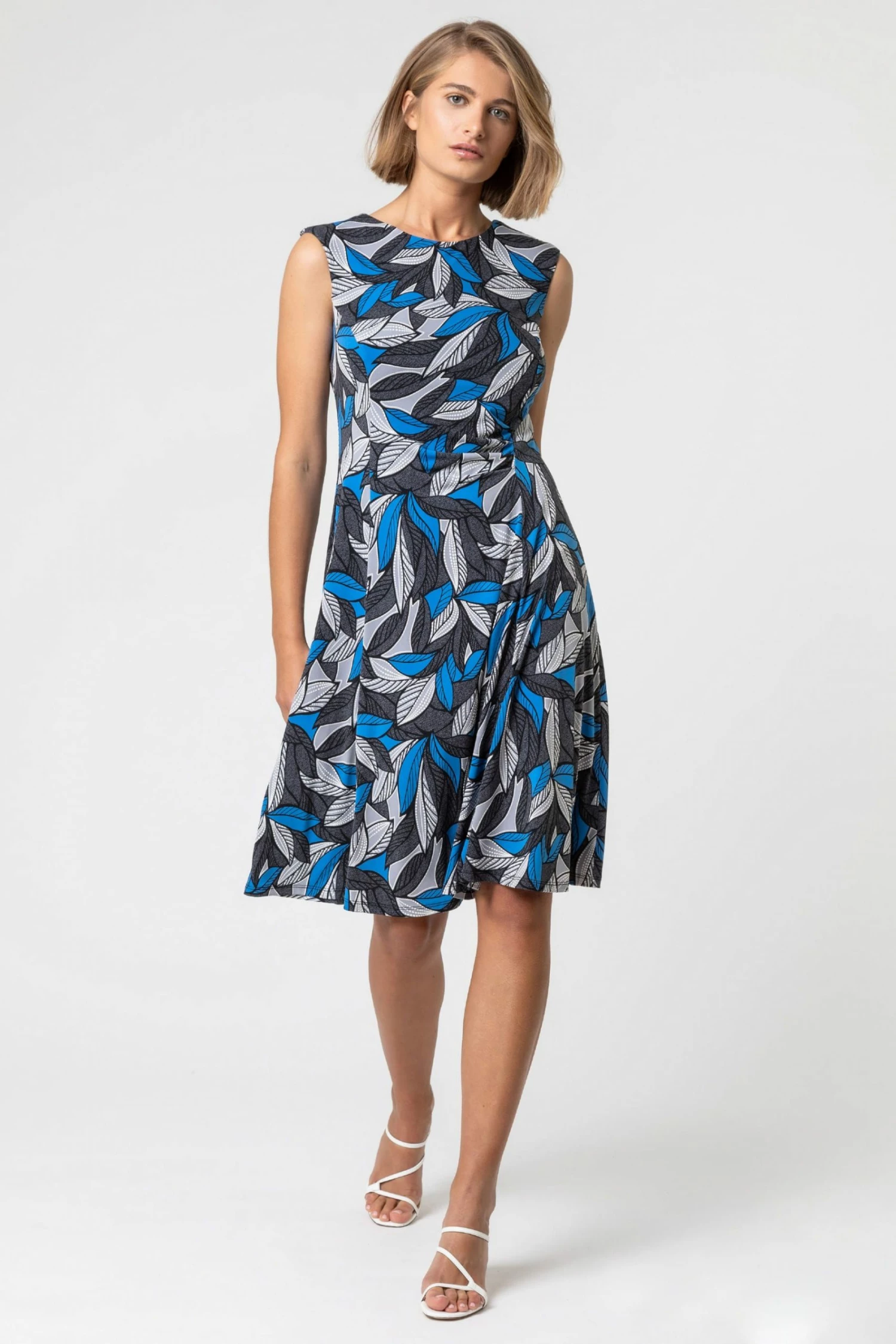 Roman Grey Textured Leaf Print Fit & Flare Dress 5 Roman Grey Textured Leaf Print Fit & Flare Dress - Image 3