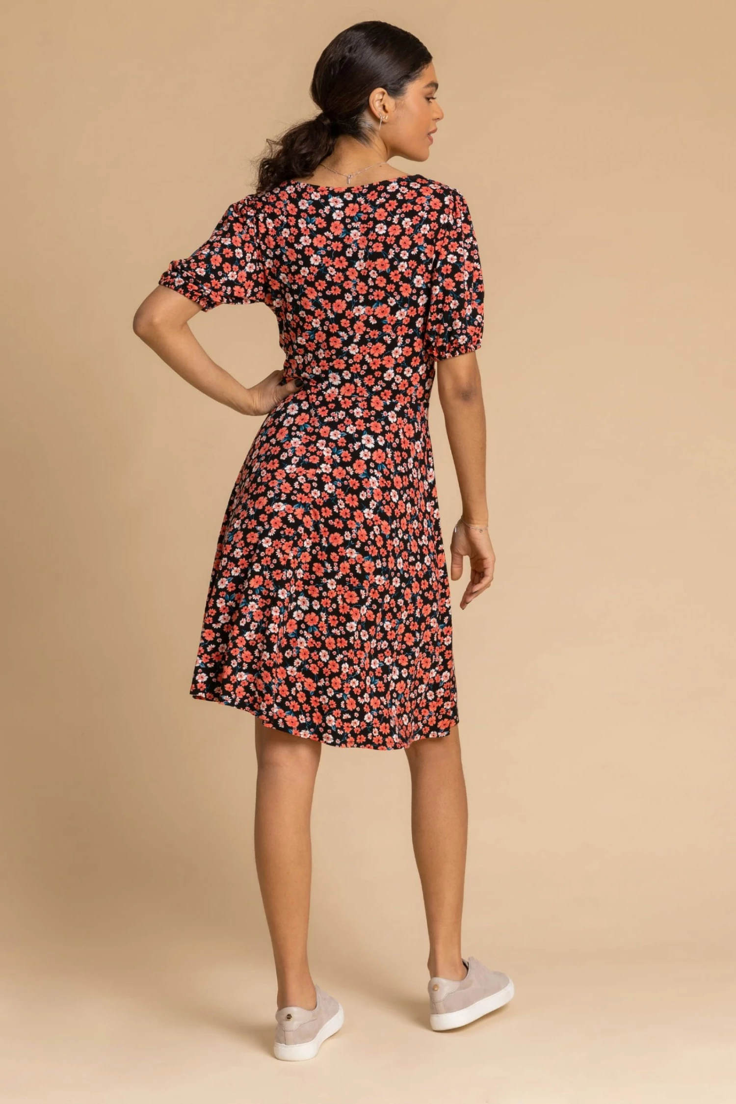 Roman Red Floral Print Lace Neck Tea Dress 4 Roman Red Floral Print Lace Neck Tea Dress - Image 2