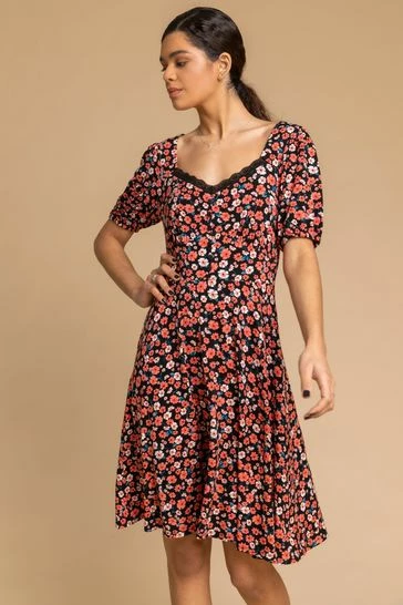 Roman Red Floral Print Lace Neck Tea Dress 7 Roman Red Floral Print Lace Neck Tea Dress - Image 5