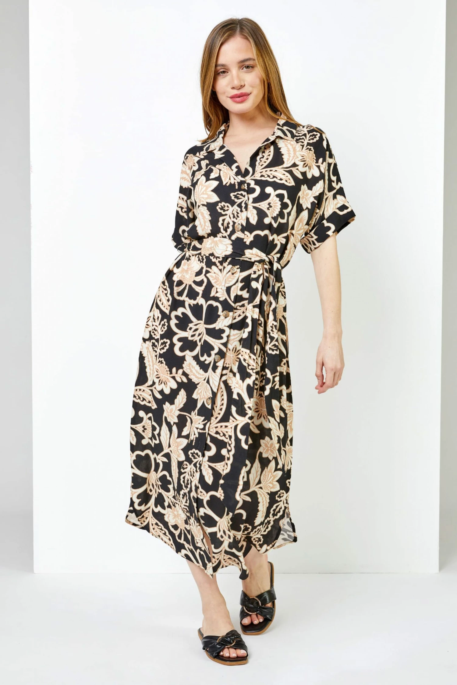 Roman Black Petite Floral Print Shirt Dress 4 Roman Black Petite Floral Print Shirt Dress - Image 2