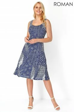 Roman Blue Patchwork Print Fit And Flare Dress -Roman Sales Shop unnamed file 3106