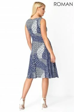 Roman Blue Patchwork Print Fit And Flare Dress -Roman Sales Shop unnamed file 3107