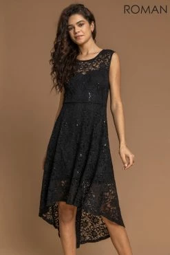 Roman Black Lace Dipped Hem Fit & Flare Dress
