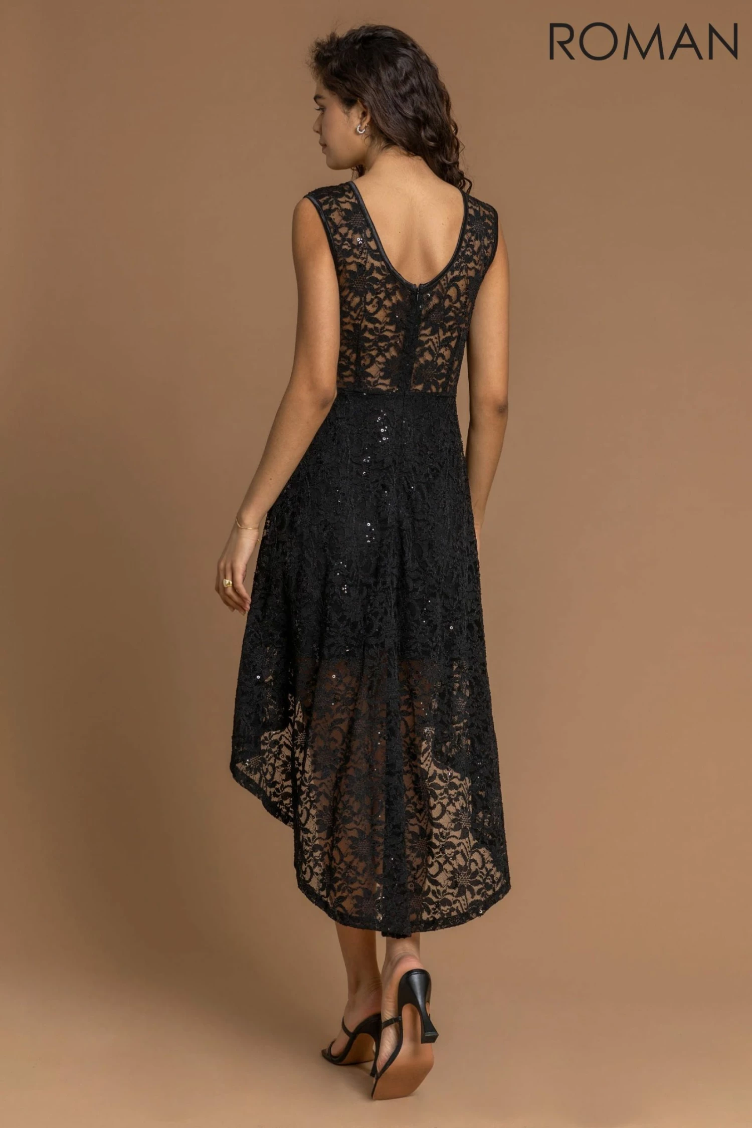 Roman Black Lace Dipped Hem Fit & Flare Dress 4 Roman Black Lace Dipped Hem Fit & Flare Dress - Image 2