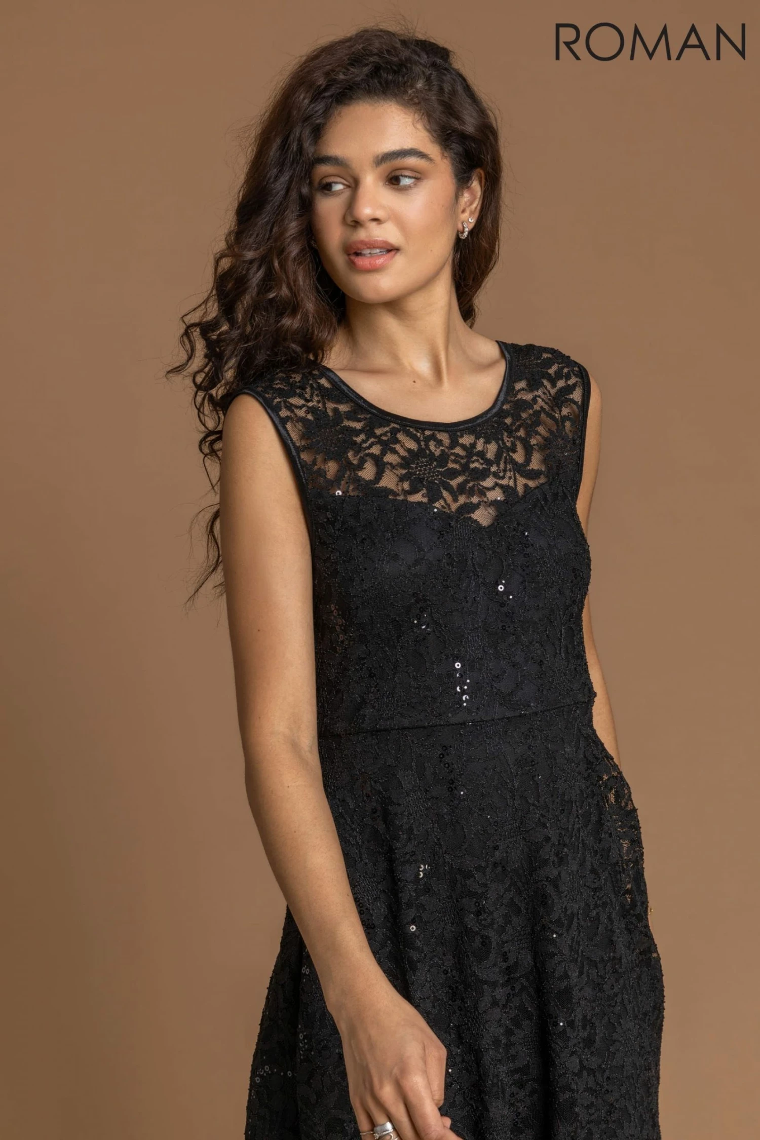 Roman Black Lace Dipped Hem Fit & Flare Dress 6 Roman Black Lace Dipped Hem Fit & Flare Dress - Image 4