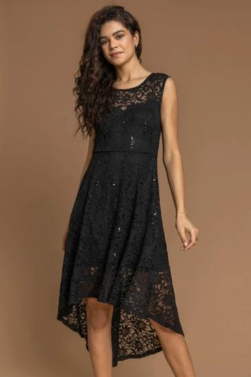 Roman Black Lace Dipped Hem Fit & Flare Dress 7 Roman Black Lace Dipped Hem Fit & Flare Dress - Image 5