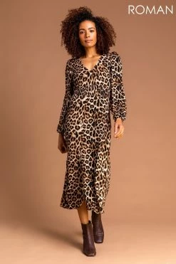 Roman Brown Animal Print Midi Dress -Roman Sales Shop unnamed file 3143