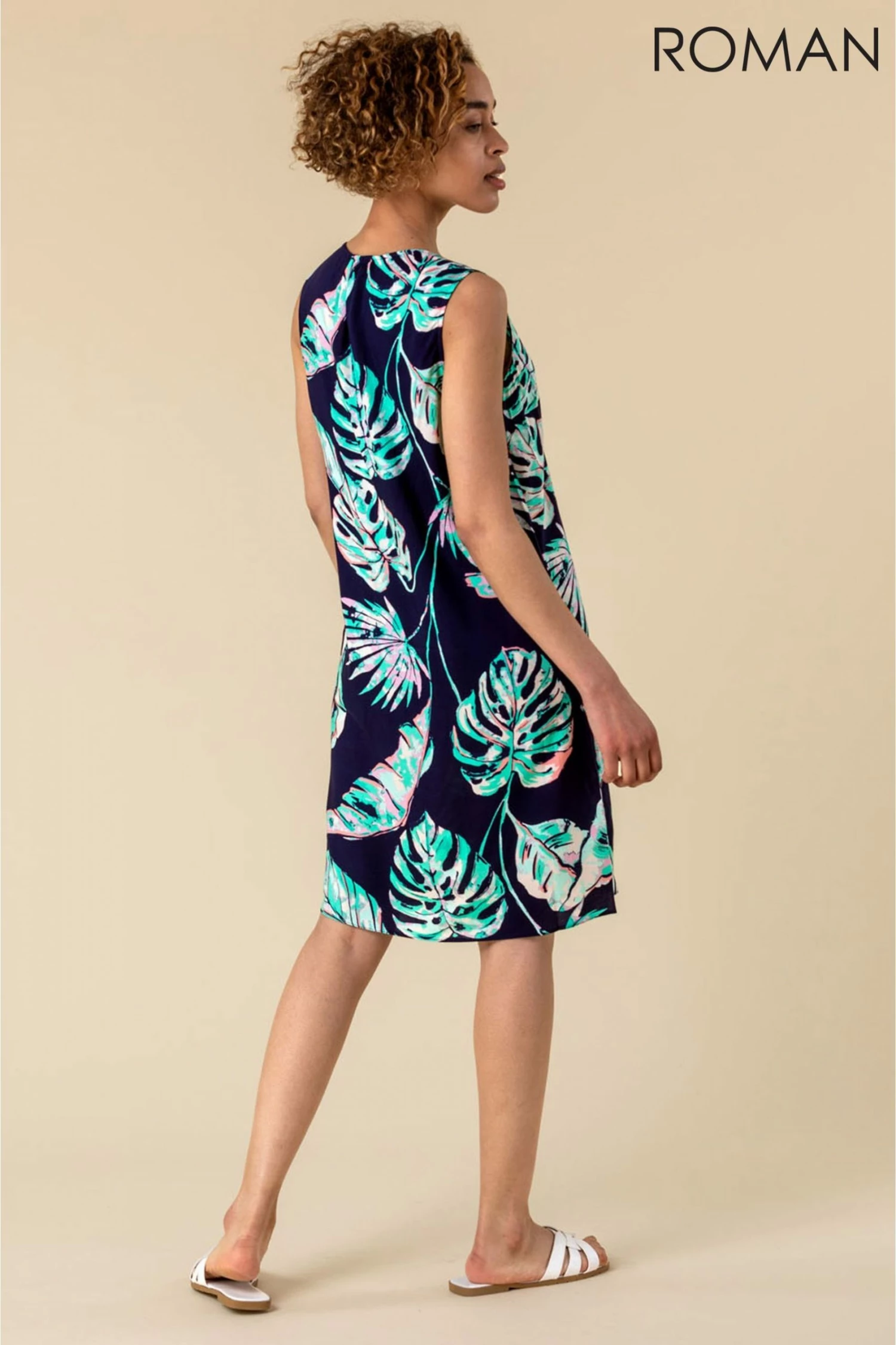 Roman Navy Tropical Palm Print Shift Dress 4 Roman Navy Tropical Palm Print Shift Dress - Image 2