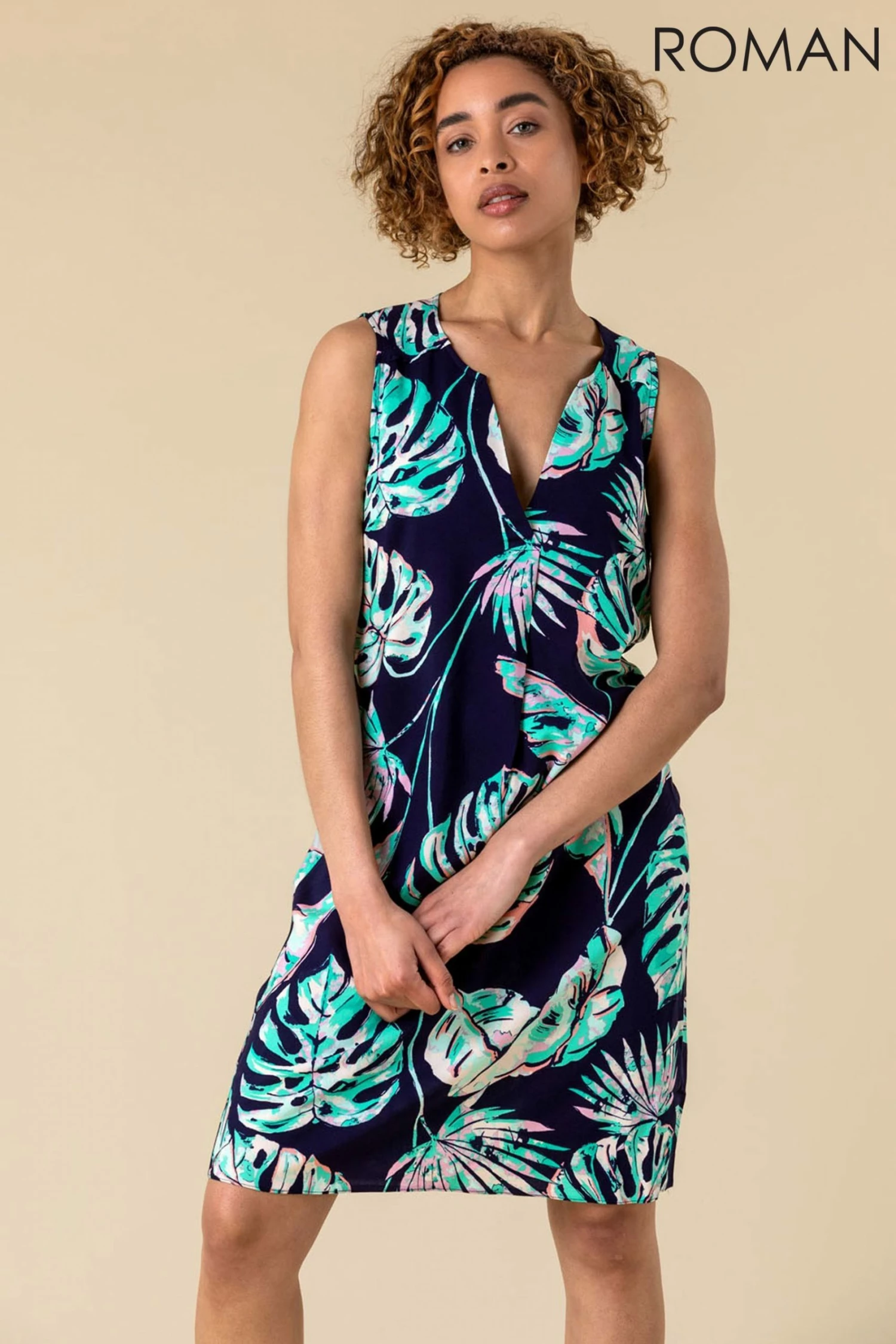 Roman Navy Tropical Palm Print Shift Dress 5 Roman Navy Tropical Palm Print Shift Dress - Image 3