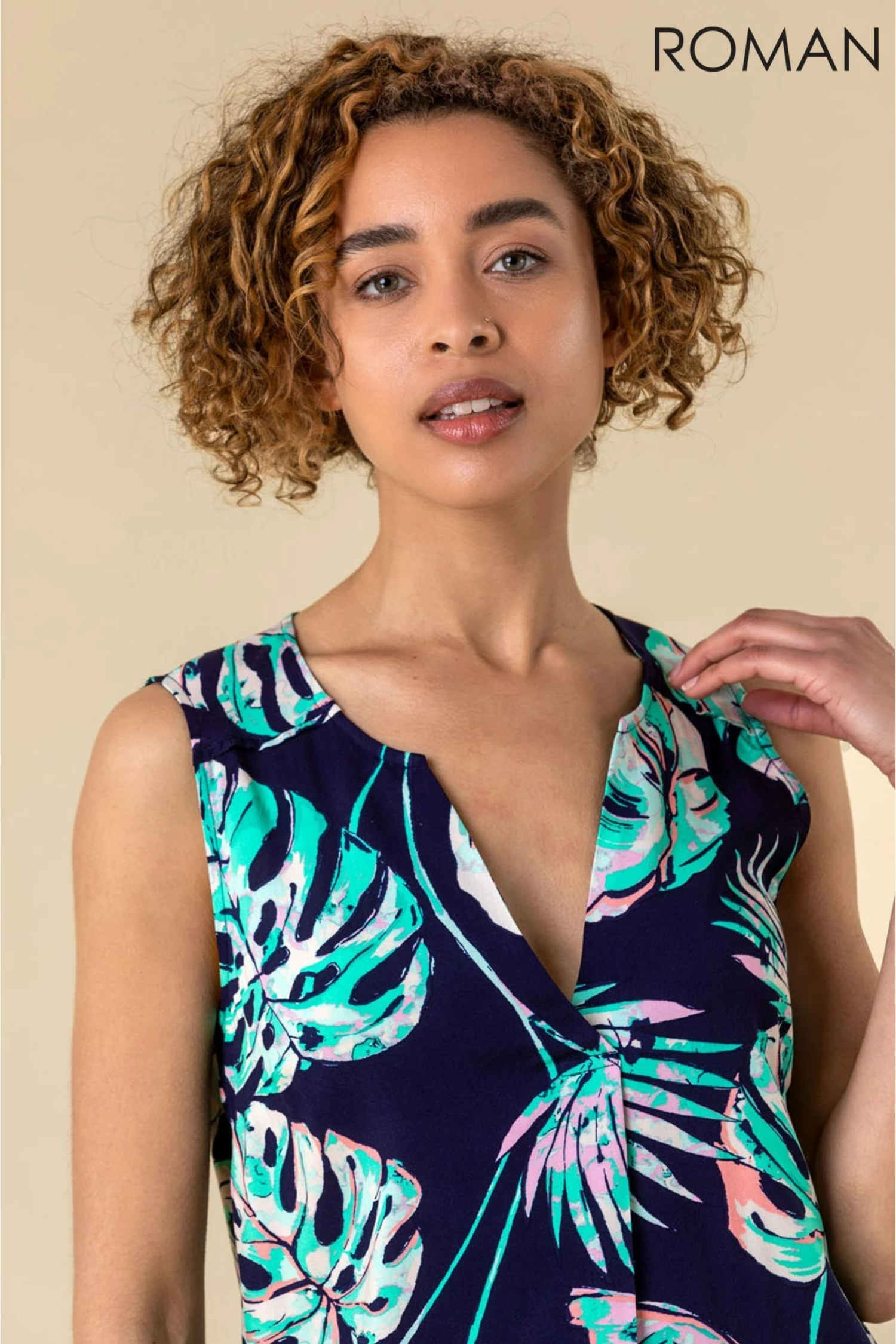 Roman Navy Tropical Palm Print Shift Dress 6 Roman Navy Tropical Palm Print Shift Dress - Image 4