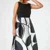 Roman Black Contrast Leaf Print Fit & Flare Dress