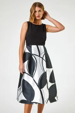 Roman Black Contrast Leaf Print Fit & Flare Dress