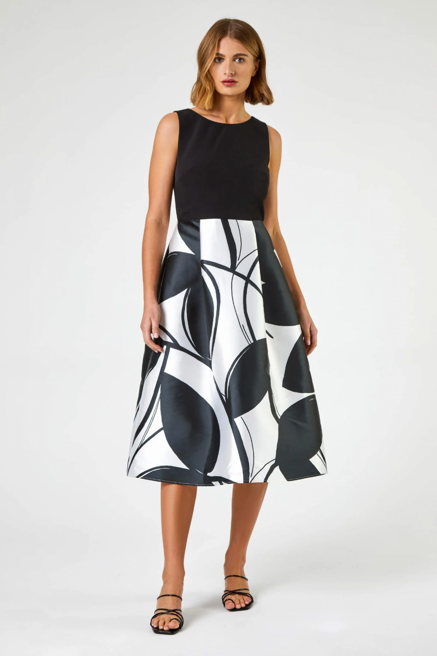 Roman Black Contrast Leaf Print Fit & Flare Dress 4 Roman Black Contrast Leaf Print Fit & Flare Dress - Image 2
