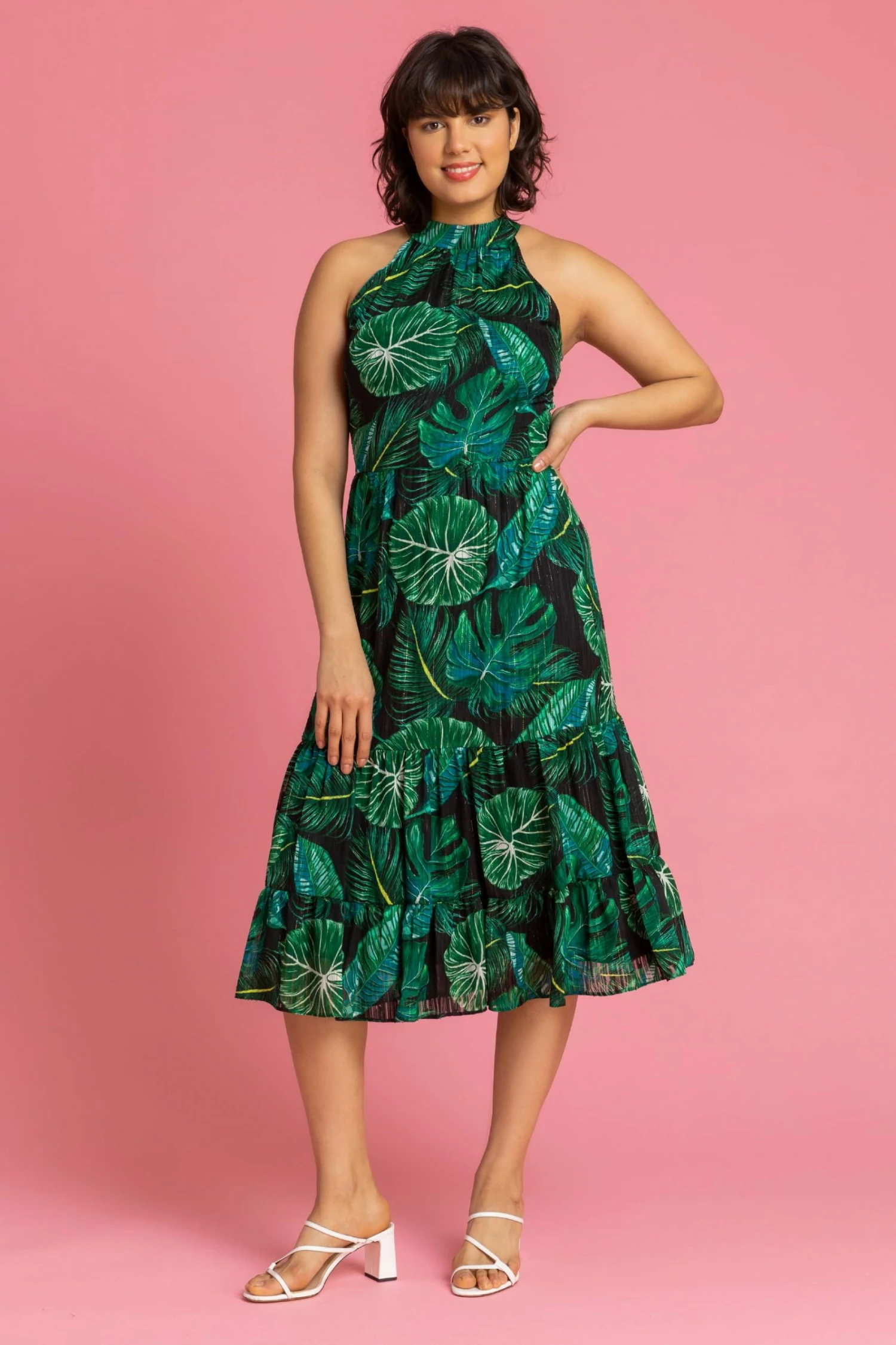 Roman Green Textured Leaf Print Tiered Maxi Dress 5 Roman Green Textured Leaf Print Tiered Maxi Dress - Image 3