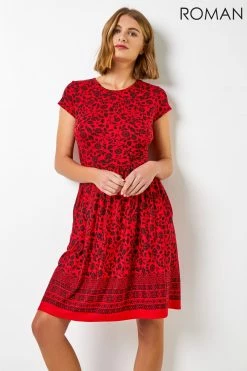 Roman Red Floral Border Print Fit & Flare Dress