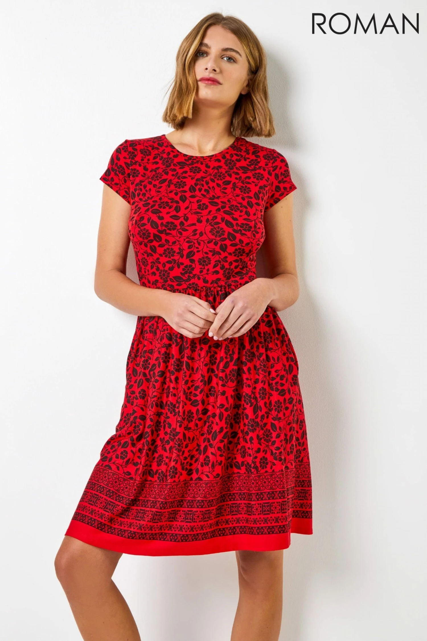 Roman Red Floral Border Print Fit & Flare Dress 3 Roman Red Floral Border Print Fit & Flare Dress