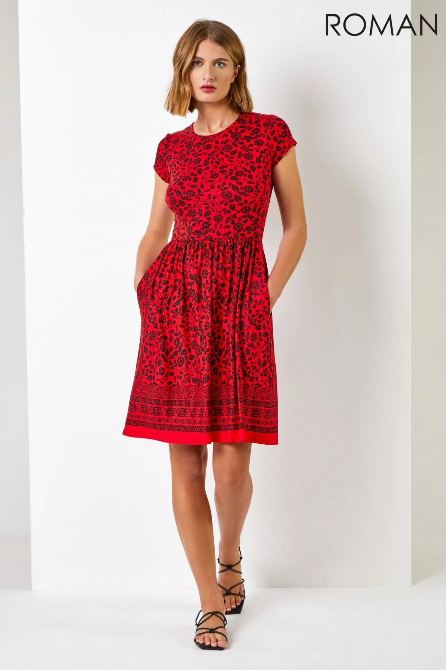 Roman Red Floral Border Print Fit & Flare Dress 4 Roman Red Floral Border Print Fit & Flare Dress - Image 2