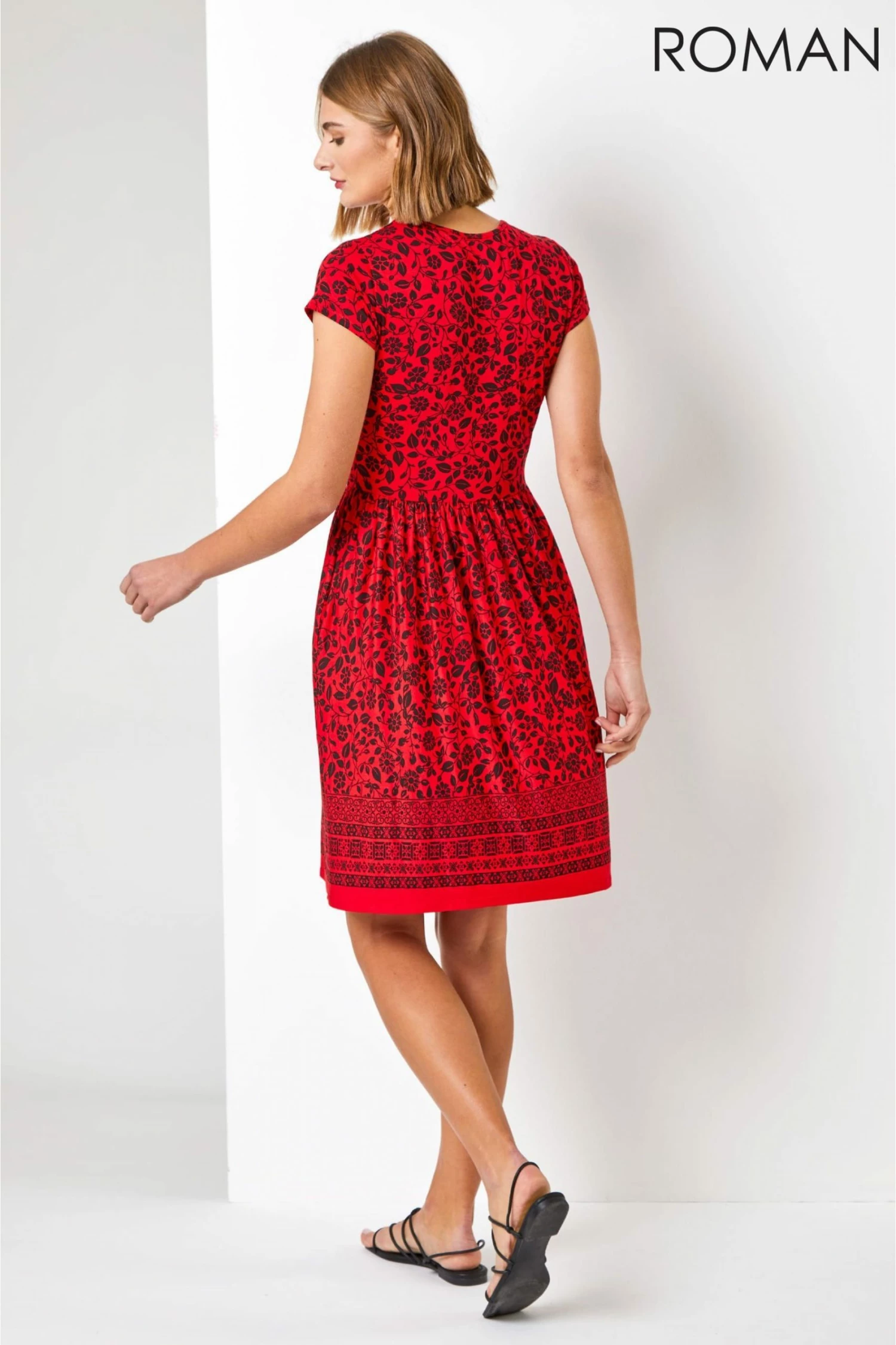 Roman Red Floral Border Print Fit & Flare Dress 5 Roman Red Floral Border Print Fit & Flare Dress - Image 3