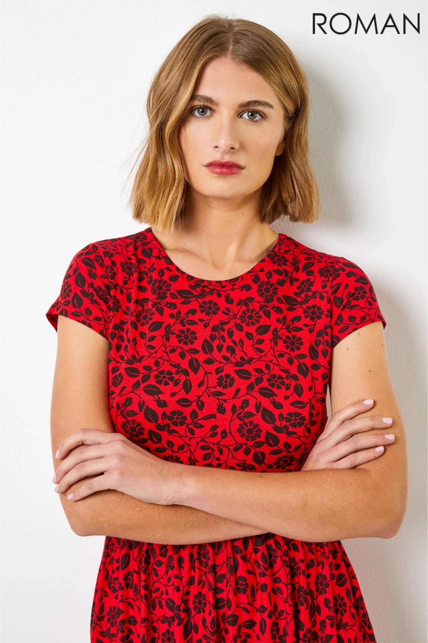 Roman Red Floral Border Print Fit & Flare Dress 6 Roman Red Floral Border Print Fit & Flare Dress - Image 4