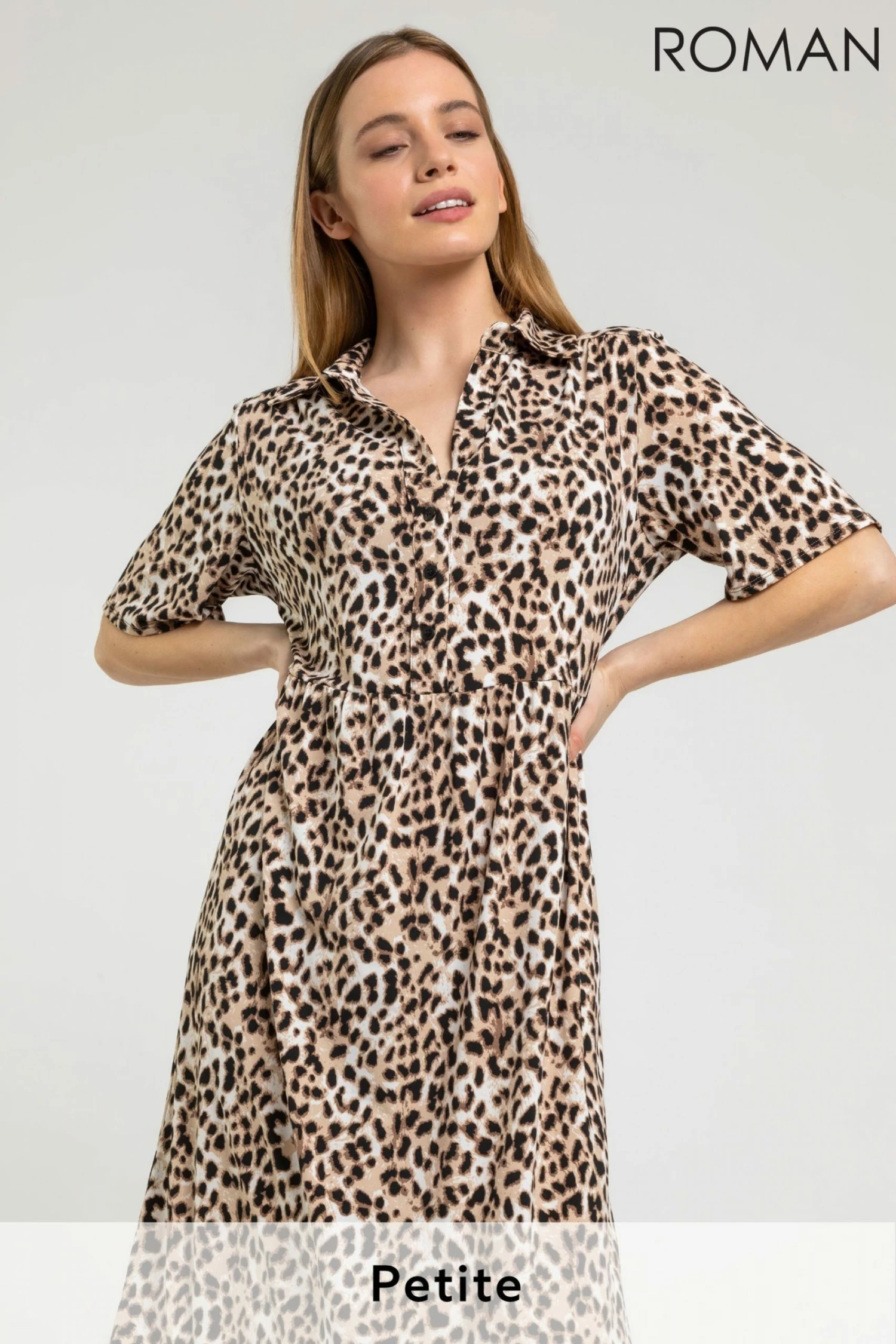 Roman Brown Petite Animal Print Shirt Dress 3 Roman Brown Petite Animal Print Shirt Dress