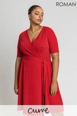 Roman Red Curve Shimmer Wrap Dress