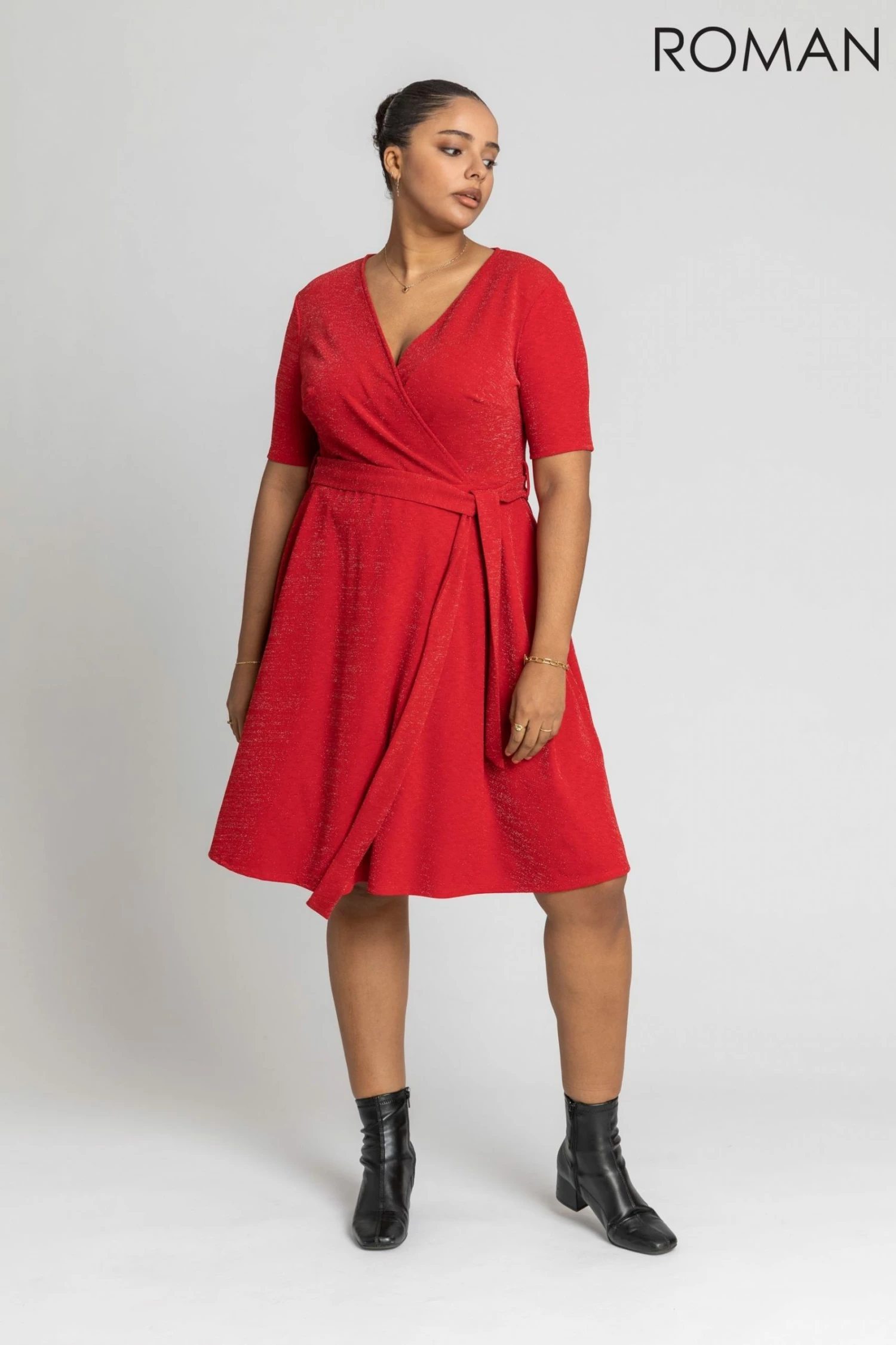 Roman Red Curve Shimmer Wrap Dress 5 Roman Red Curve Shimmer Wrap Dress - Image 3