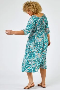 Roman Green Curve Palm Leaf Print Shirred Midi Dress 8 Roman Green Curve Palm Leaf Print Shirred Midi Dress -Roman Sales Shop unnamed file 3209