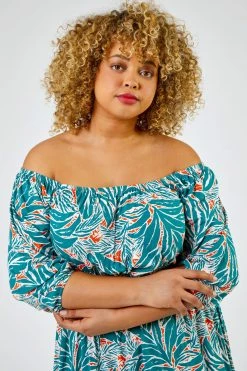 Roman Green Curve Palm Leaf Print Shirred Midi Dress 10 Roman Green Curve Palm Leaf Print Shirred Midi Dress -Roman Sales Shop unnamed file 3211