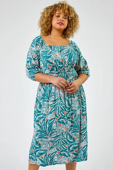 Roman Green Curve Palm Leaf Print Shirred Midi Dress 7 Roman Green Curve Palm Leaf Print Shirred Midi Dress - Image 5
