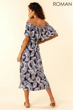 Roman Navy Palm Print Bardot Dress -Roman Sales Shop unnamed file 3214