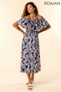 Roman Navy Palm Print Bardot Dress -Roman Sales Shop unnamed file 3215
