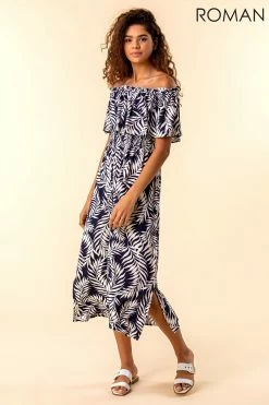 Roman Navy Palm Print Bardot Dress -Roman Sales Shop unnamed file 3216