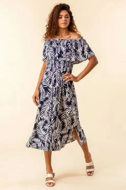 Roman Navy Palm Print Bardot Dress -Roman Sales Shop unnamed file 3217