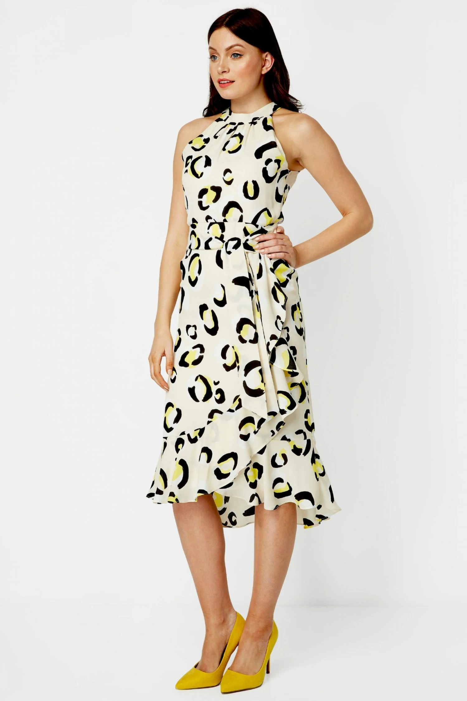Roman Yellow Animal Print Tie Waist Midi Dress 3 Roman Yellow Animal Print Tie Waist Midi Dress