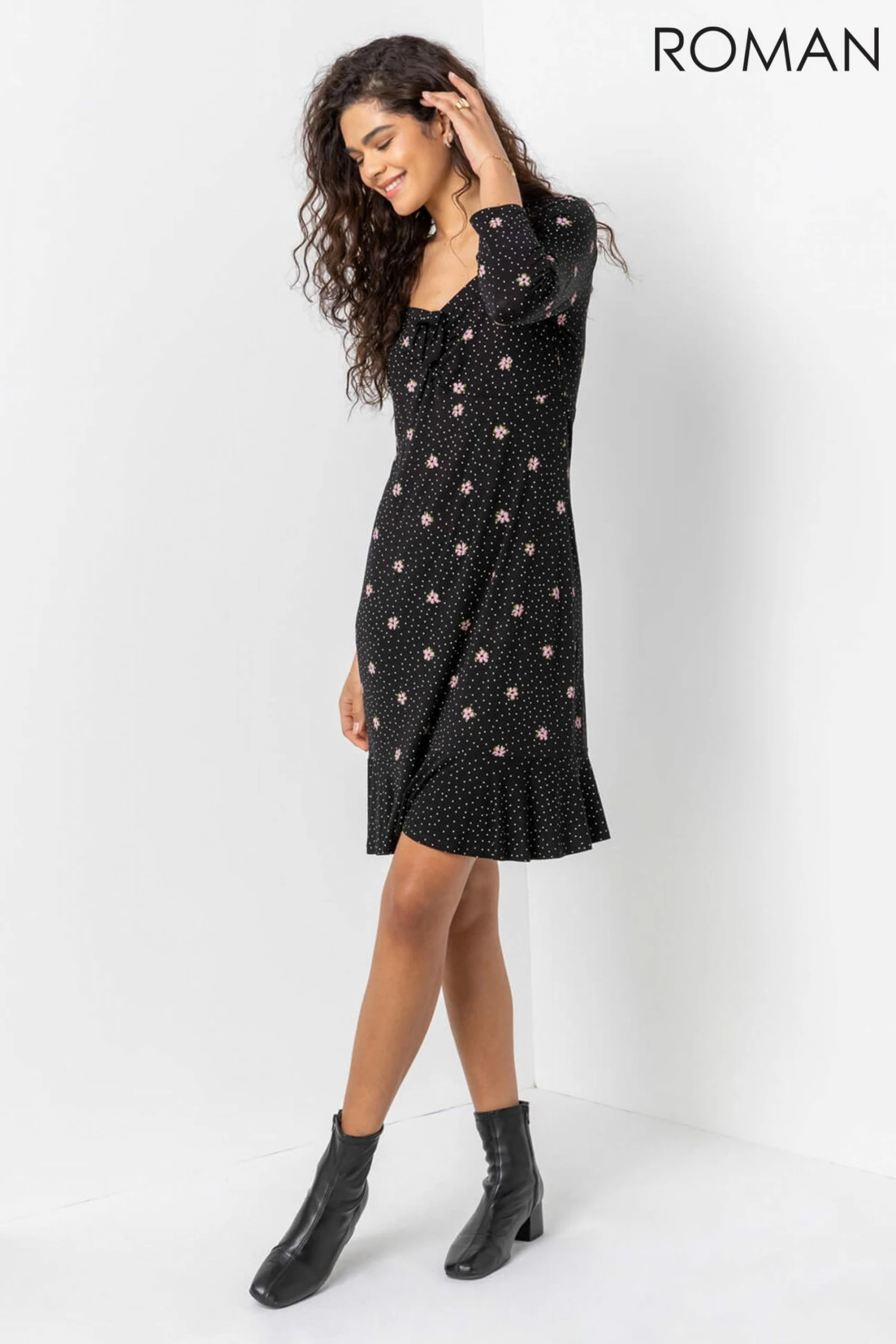 Roman Black Tie Front Floral Tea Dress 3 Roman Black Tie Front Floral Tea Dress