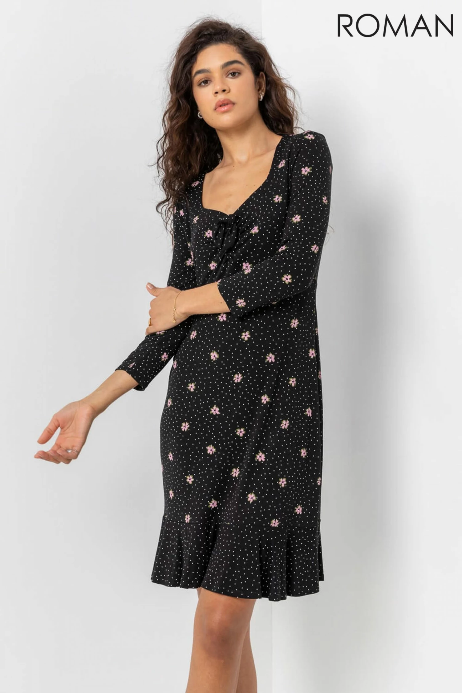 Roman Black Tie Front Floral Tea Dress 5 Roman Black Tie Front Floral Tea Dress - Image 3