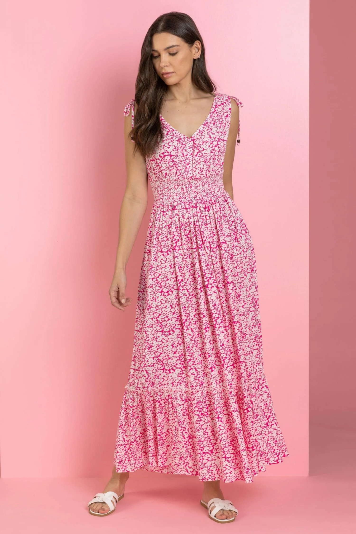 Roman Pink Ditsy Floral Shirred Waist Maxi Dress 3 Roman Pink Ditsy Floral Shirred Waist Maxi Dress