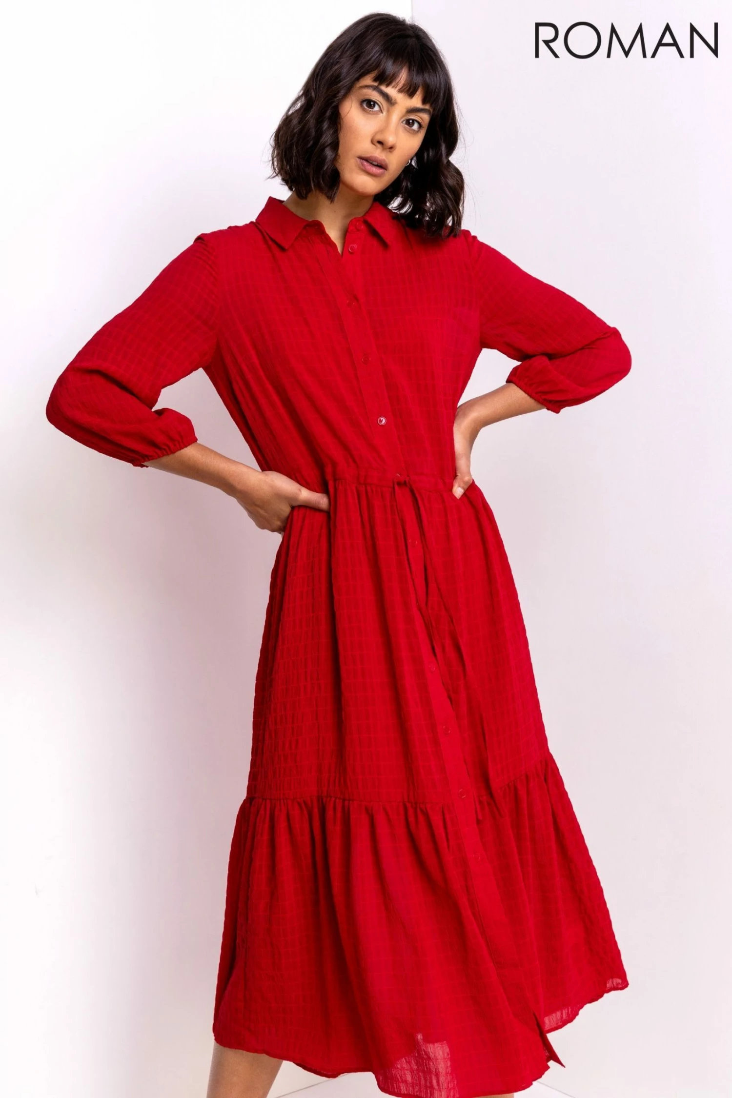 Roman Red Tiered Textured Midi Shirt Dress 3 Roman Red Tiered Textured Midi Shirt Dress