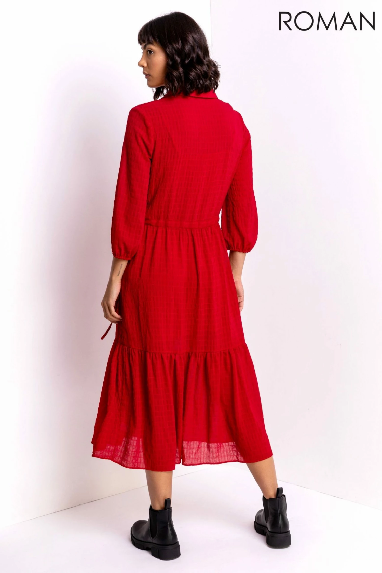 Roman Red Tiered Textured Midi Shirt Dress 4 Roman Red Tiered Textured Midi Shirt Dress - Image 2