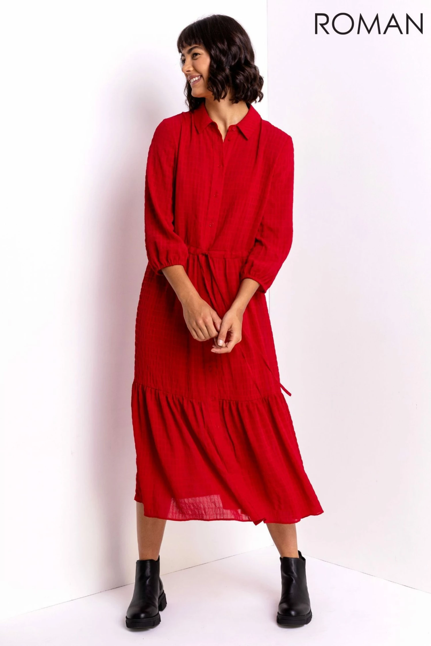 Roman Red Tiered Textured Midi Shirt Dress 5 Roman Red Tiered Textured Midi Shirt Dress - Image 3