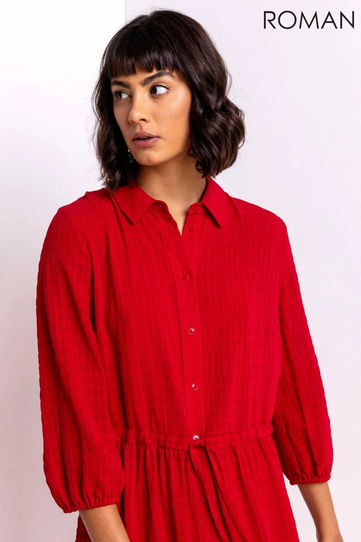 Roman Red Tiered Textured Midi Shirt Dress 6 Roman Red Tiered Textured Midi Shirt Dress - Image 4