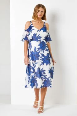 Roman Blue Linear Floral Print Cold Shoulder Dress 8 Roman Blue Linear Floral Print Cold Shoulder Dress -Roman Sales Shop unnamed file 3237