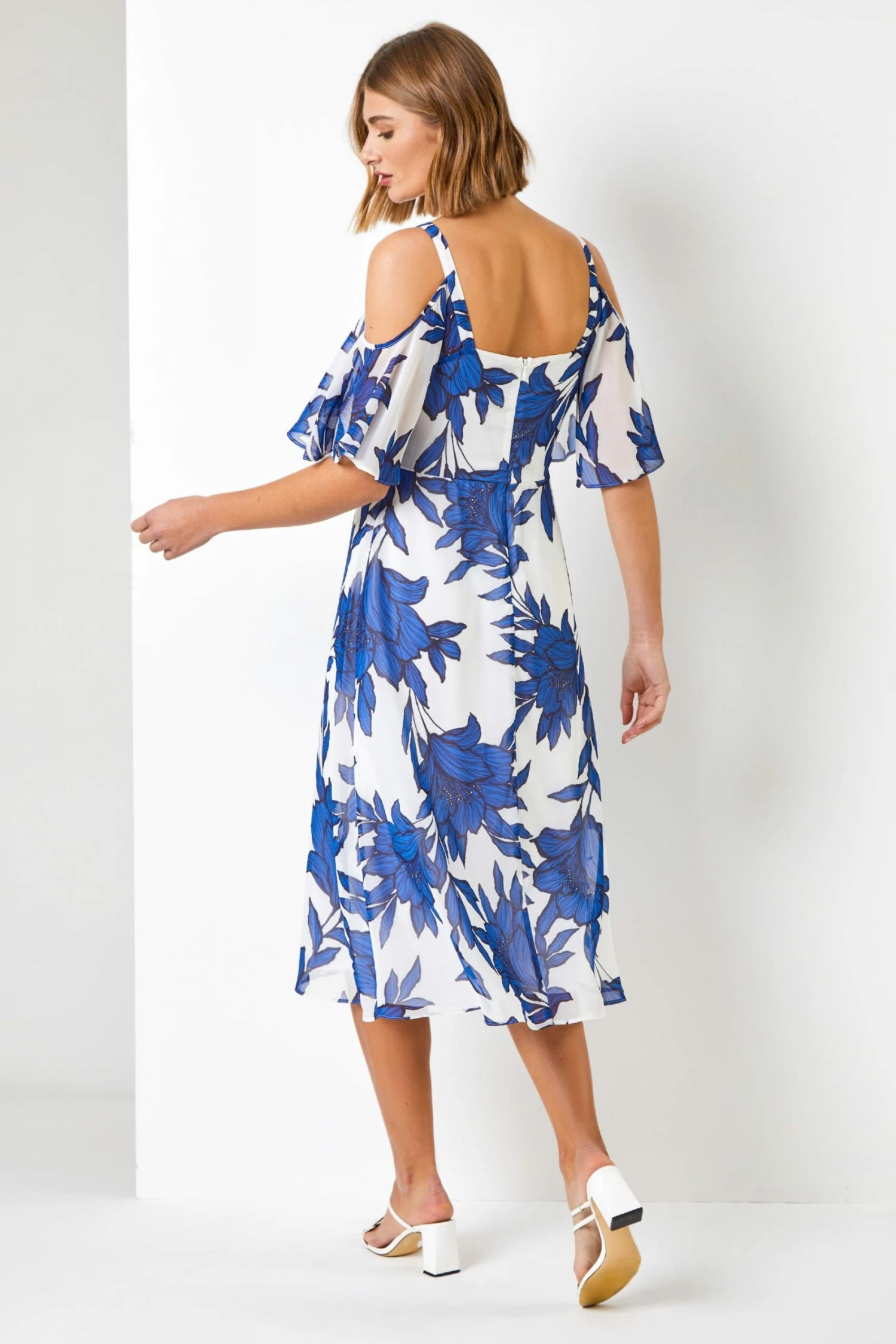 Roman Blue Linear Floral Print Cold Shoulder Dress 5 Roman Blue Linear Floral Print Cold Shoulder Dress - Image 3